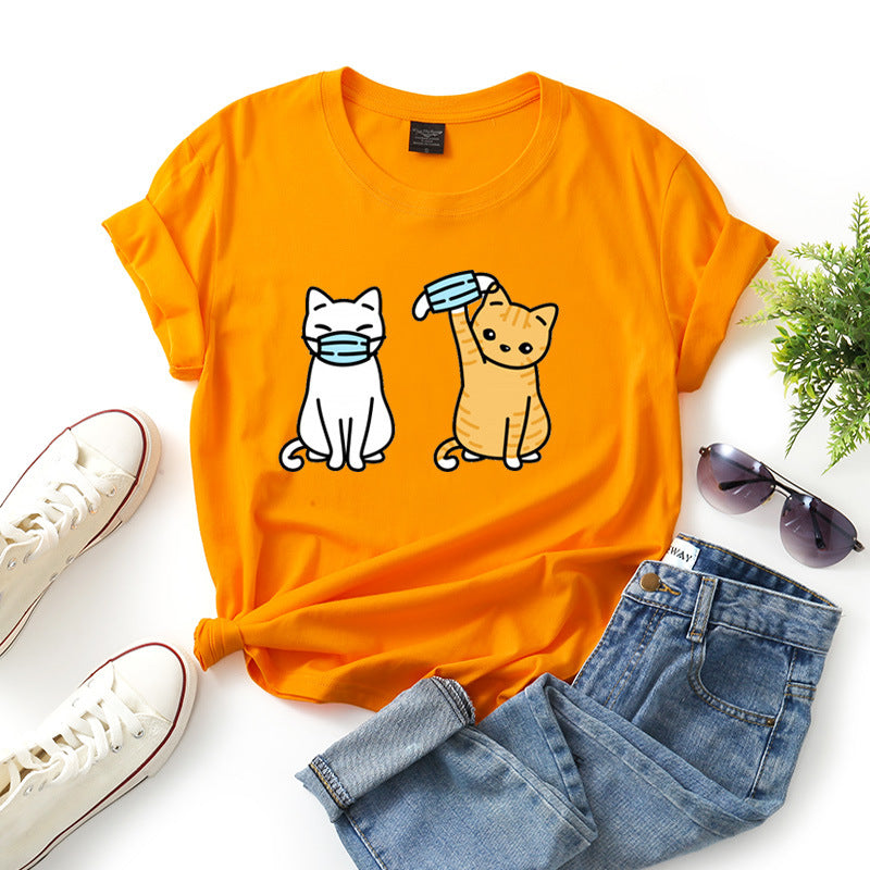 Women's Cartoon Cat Short Sleeve T Shirt