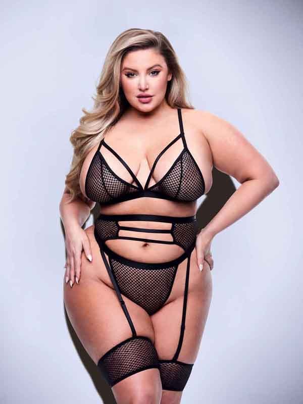 Baci 3pc Strappy Bra Garter & Panty Set-BLK - Q BX Baci