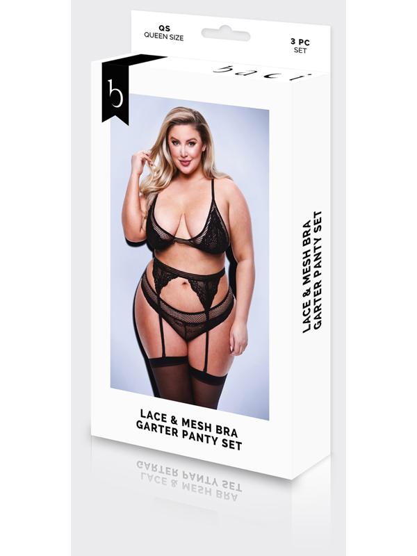 Baci 3pc Lace & Mesh Bra Garter & Panty Set-BLK- Q BX Baci