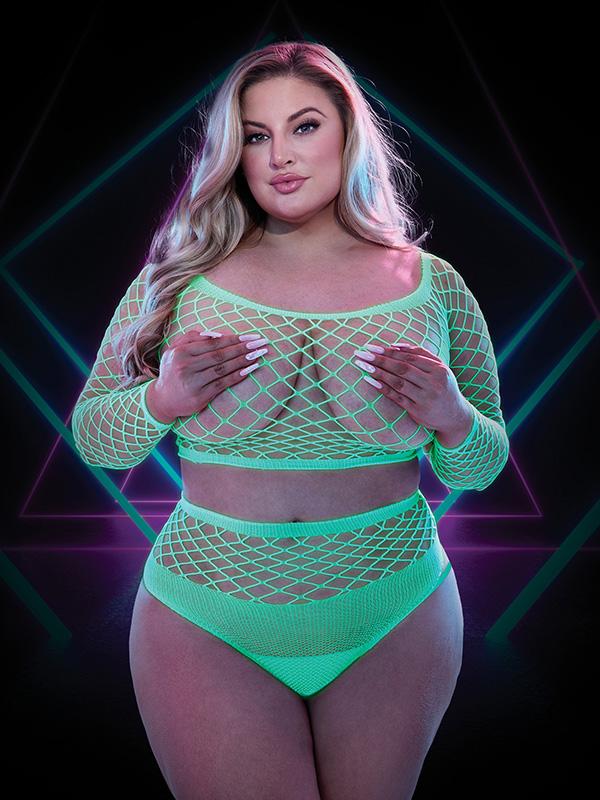 Lapdance 2pc Glow In The Dark Long Sleeve Crop Top & Panty Set Queen Secondary image