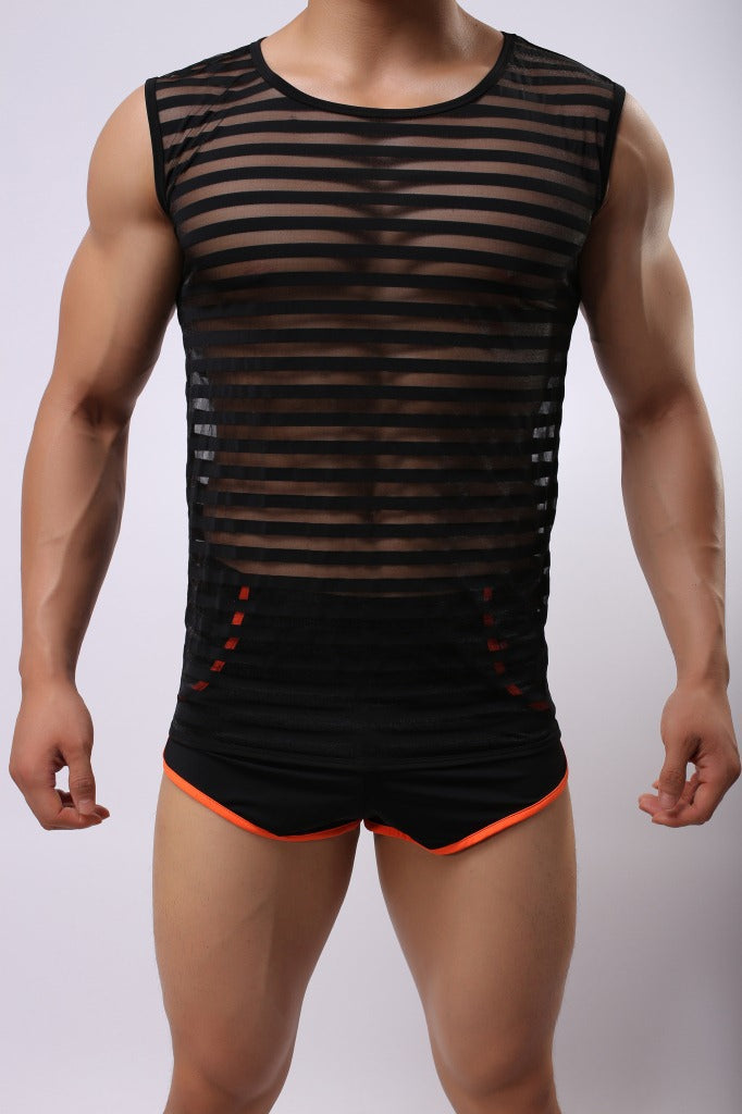 Men's Breathable Mesh Undershirts Striped Tank Tops