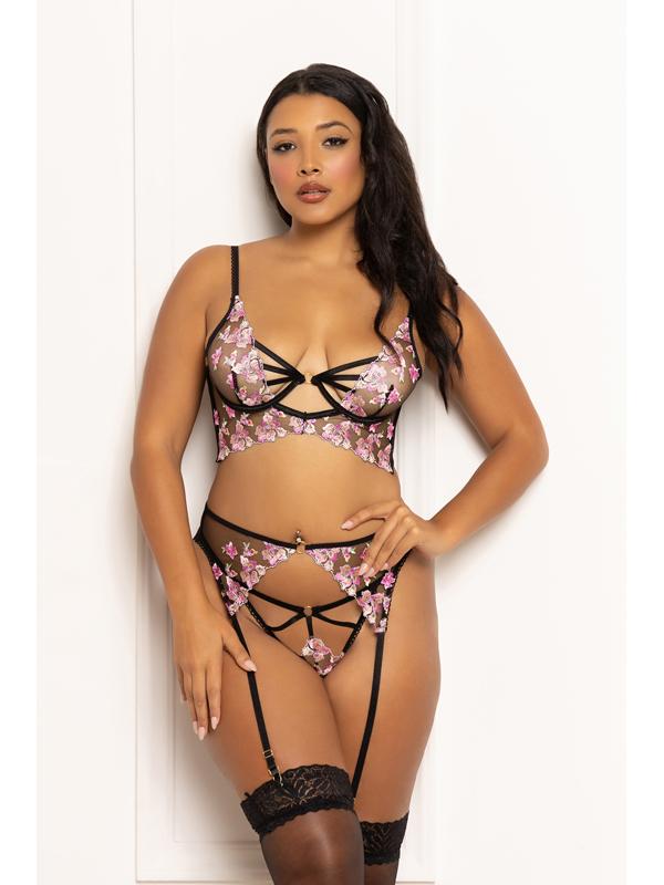 Three Piece Long Line Bra Set.  Multicolored Embroidered Floral Galloon Lace Long Line Bra With Underwire STM-11648-BLACK-M (H) Seven Til Midnight