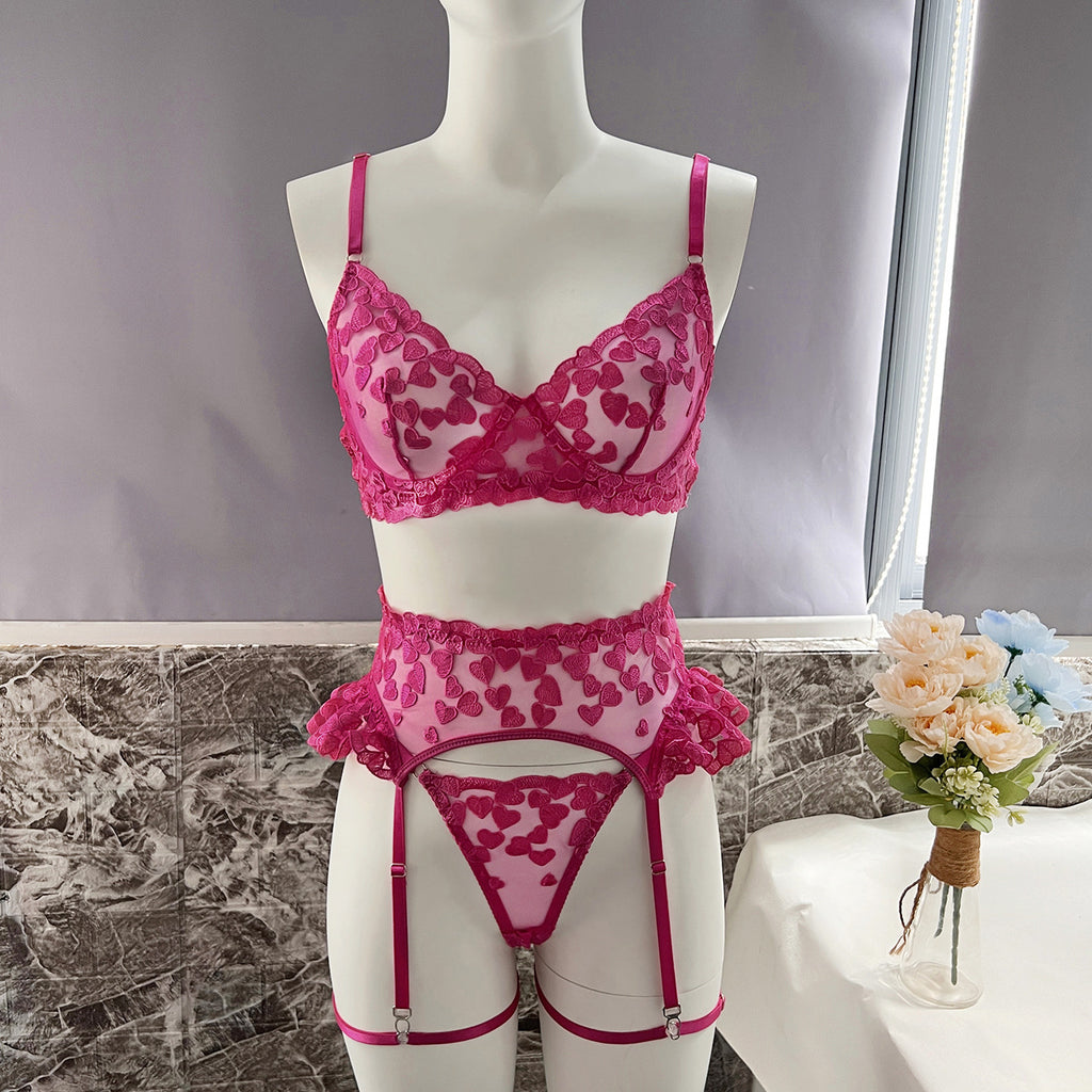 Women's Love Heart Embroidered Lingerie Set