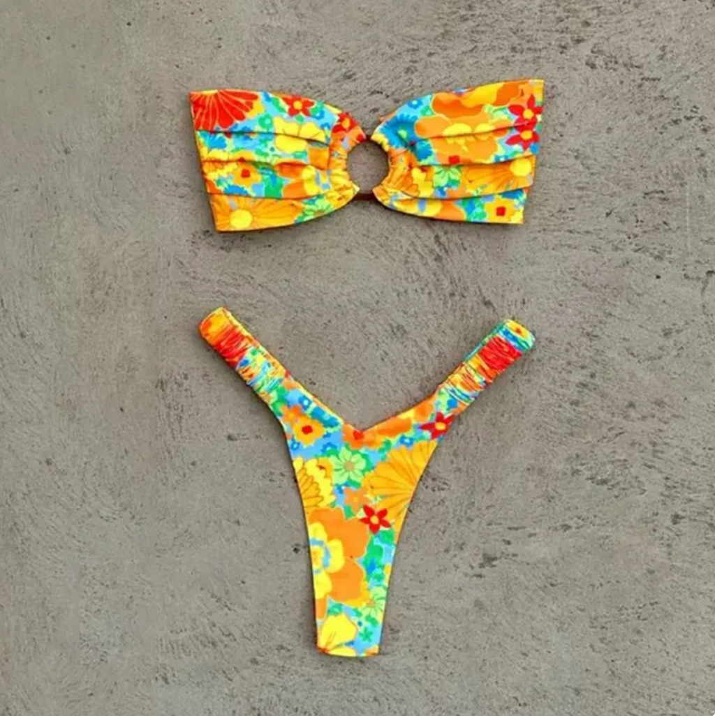 Women's Printed Pleated Bikini Women's Bikini Unbranded Yellow L