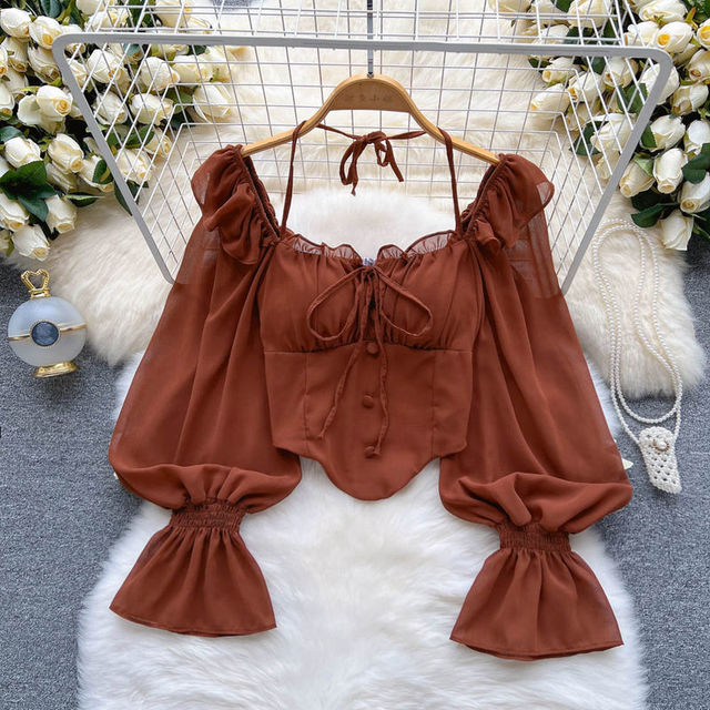 Women's Aesthetic White Blouse ILLUSION CO Light Brown M