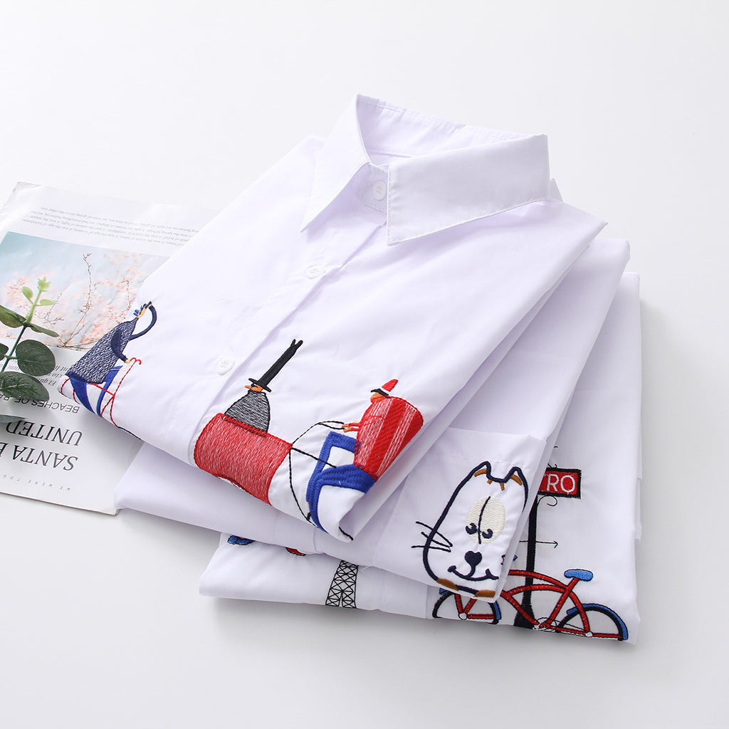 Women's Harajuku Embroidered White Shirt Long Sleeve