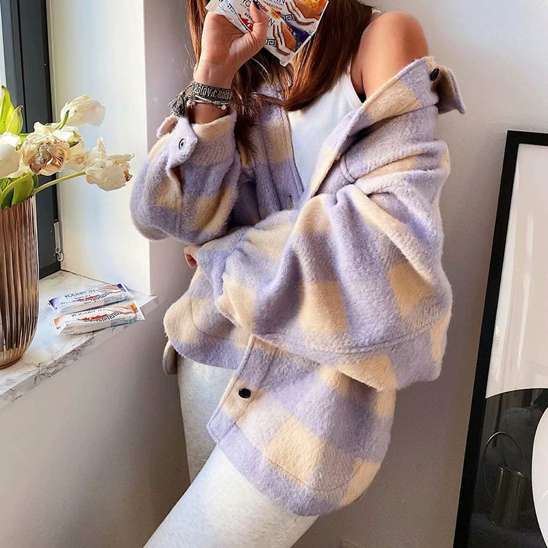 Women's Oversized Plaid Woolen Shirt
