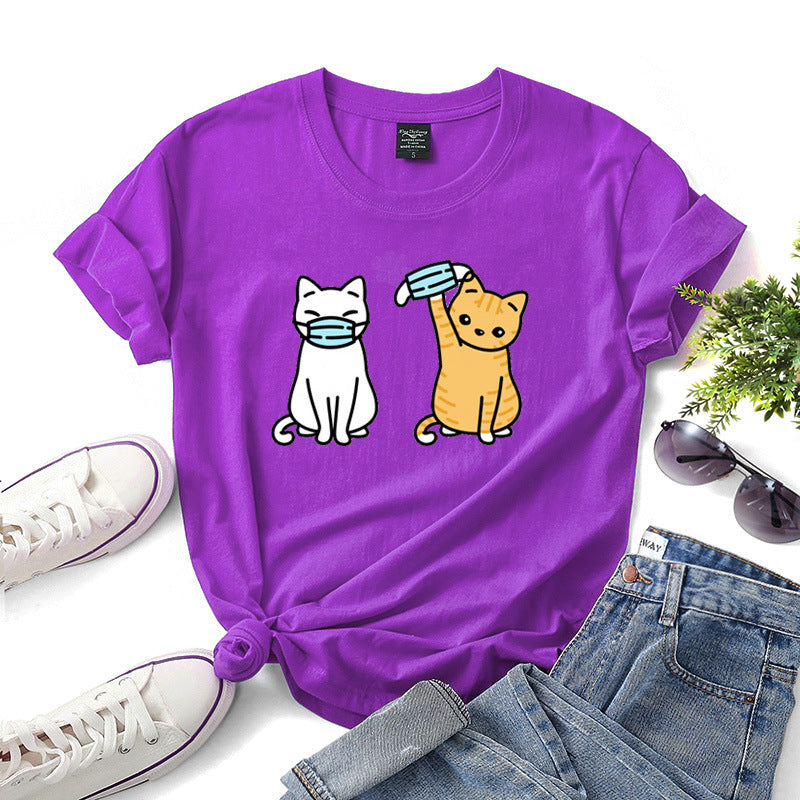 Women's Cartoon Cat Short Sleeve T Shirt