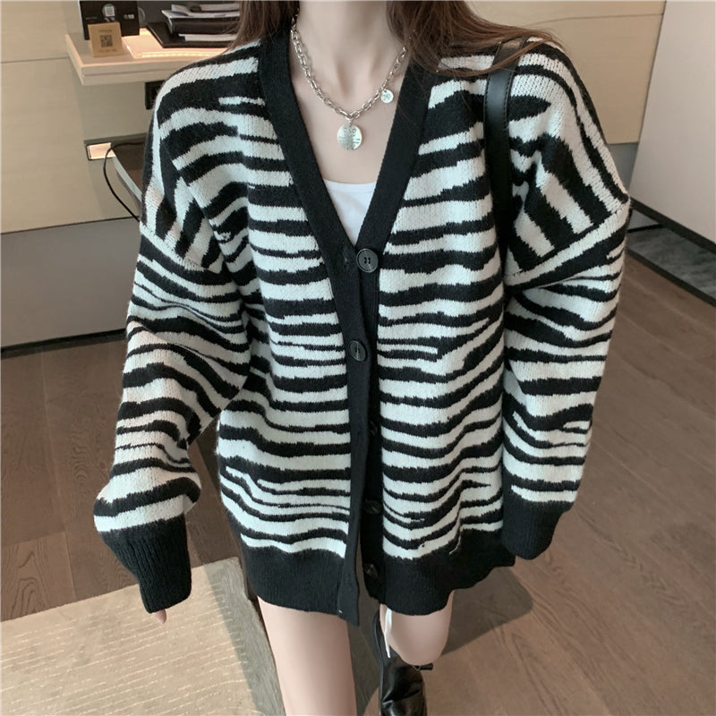 Women's Zebra Print Knitted Cardigan - Loose V-Neck