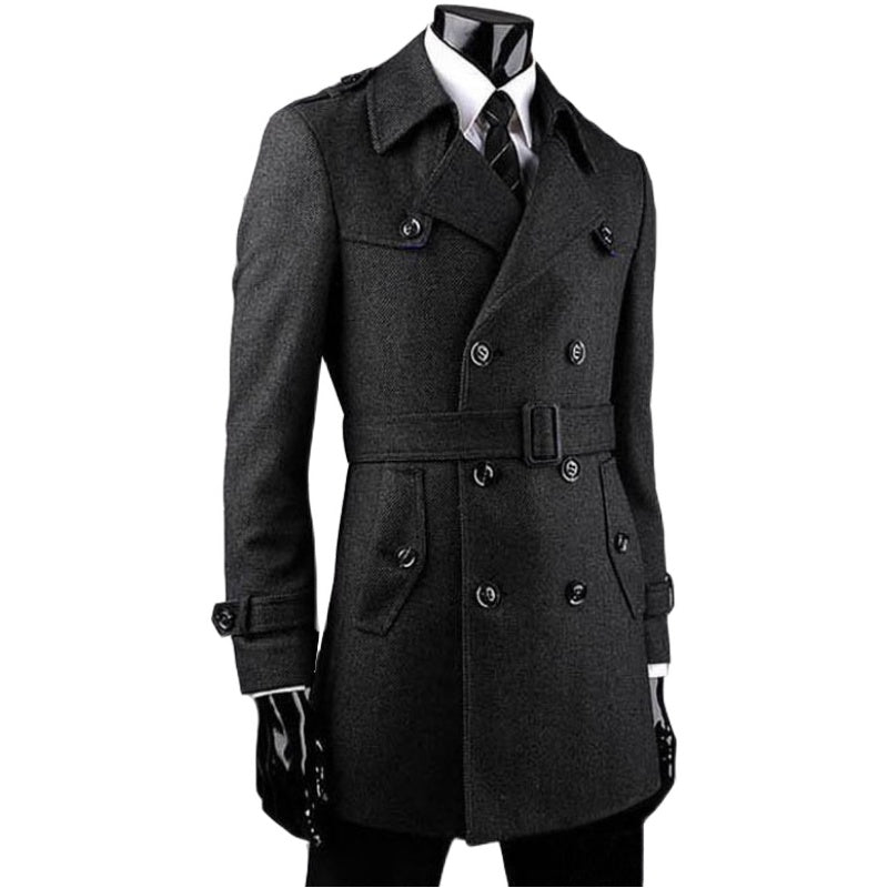 Korean Style Medium Length Men's Tweed Trench Coat