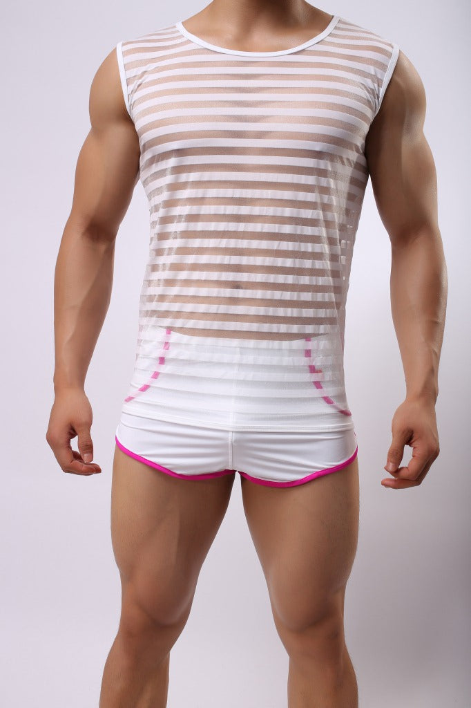 Men's Breathable Mesh Undershirts Striped Tank Tops