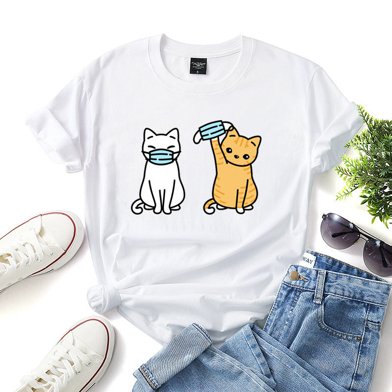 Women's Cartoon Cat Short Sleeve T Shirt