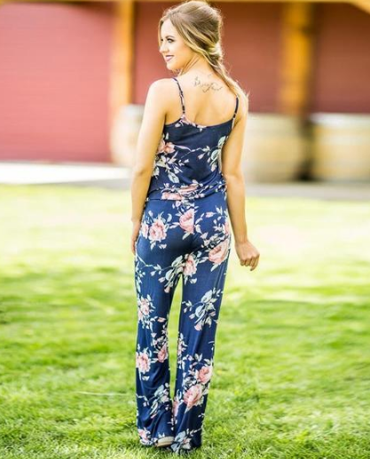 Women's Floral Jumpsuit, Loose Fit Long Pants, Strap Jumpsuit
