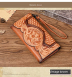 Chinese Style Embossed Women's Long Cowhide Wallet ILLUSION CO Retro Brown