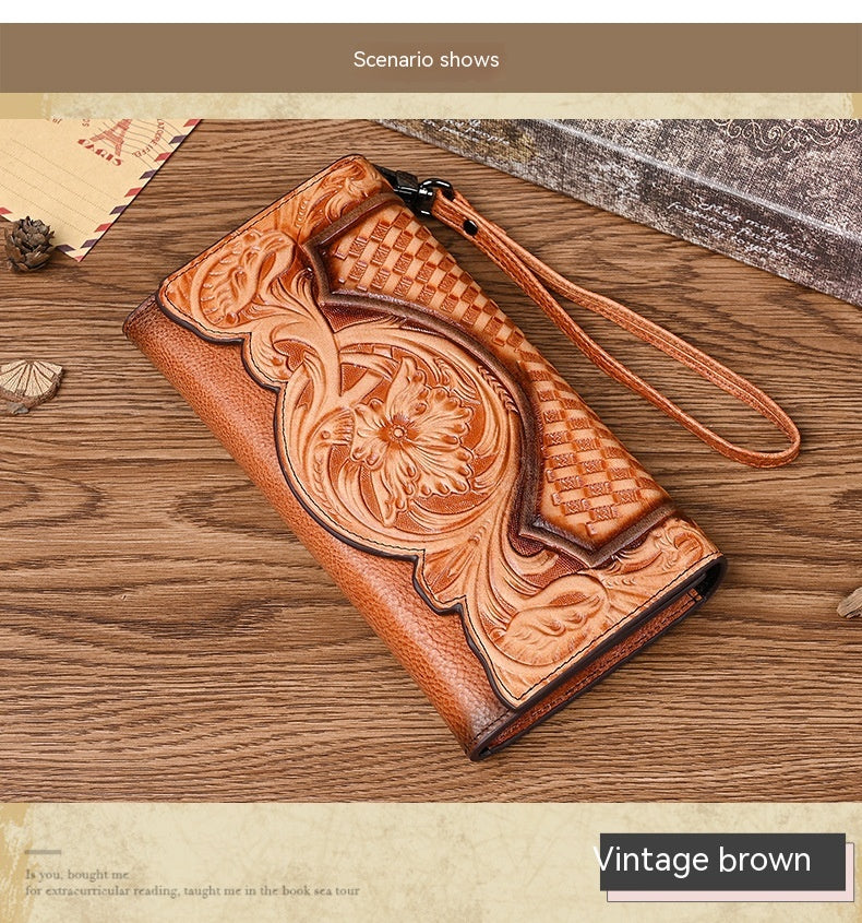Chinese Style Embossed Women's Long Cowhide Wallet ILLUSION CO Retro Brown