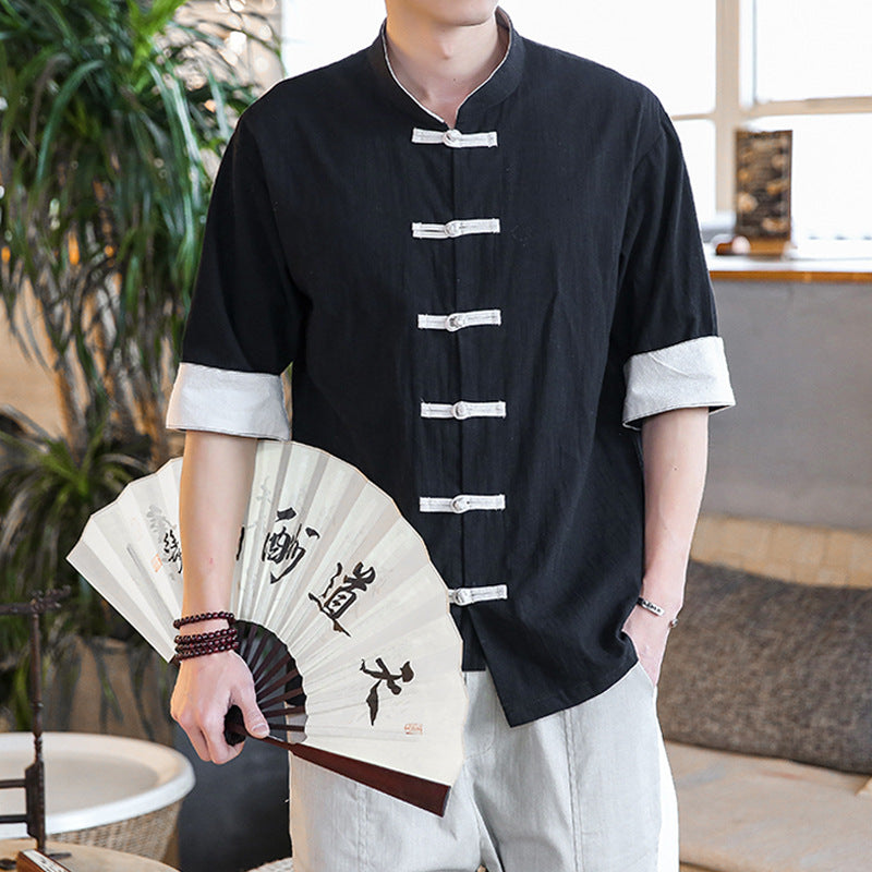 Chinese Style Linen Short Sleeve Shirt ILLUSION CO black 3XL