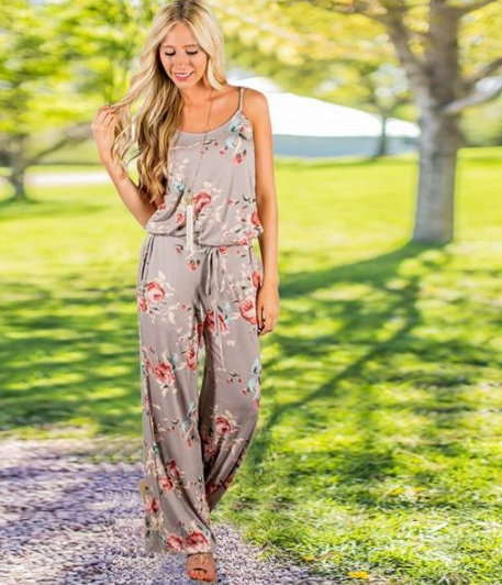 Women's Floral Jumpsuit, Loose Fit Long Pants, Strap Jumpsuit