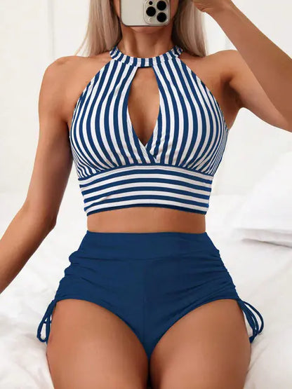 Women's High Neck Striped Bikini Two Piece Set