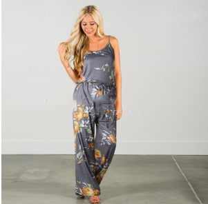 Women's Floral Jumpsuit, Loose Fit Long Pants, Strap Jumpsuit