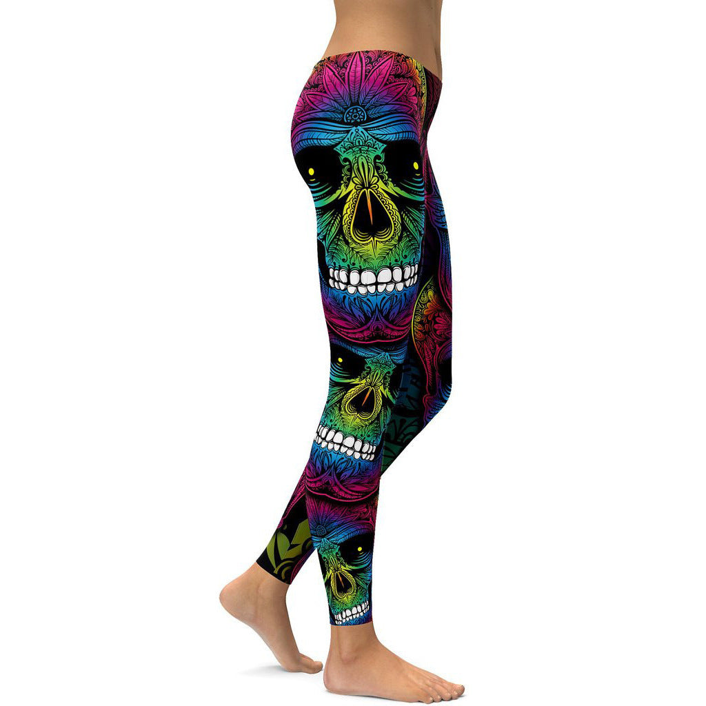 Rainbow Skull Leggings Women Plus Size Leggings Workout Casual High Waist Slim Pants S-4XL Plus Size Leggings