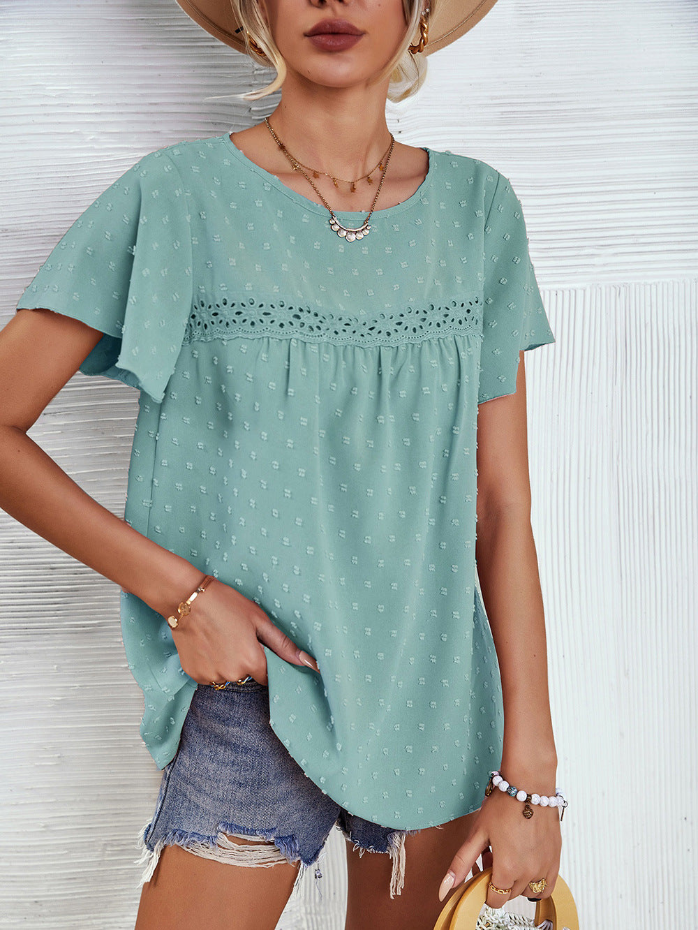 Women's Solid Color Lace Babydoll Short Sleeve Tops