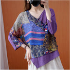 Women's Retro Printed Diagonal Ramie Buttoned Shirt