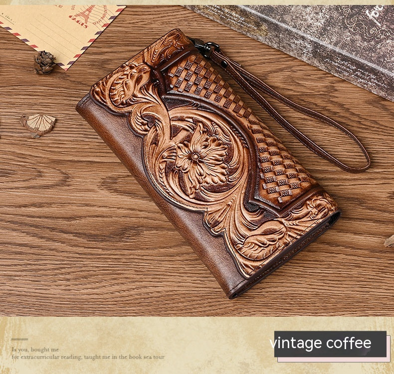 Chinese Style Embossed Women's Long Cowhide Wallet ILLUSION CO Retro Coffee