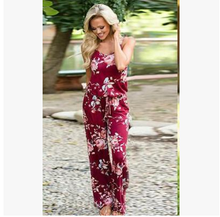 Women's Floral Jumpsuit, Loose Fit Long Pants, Strap Jumpsuit