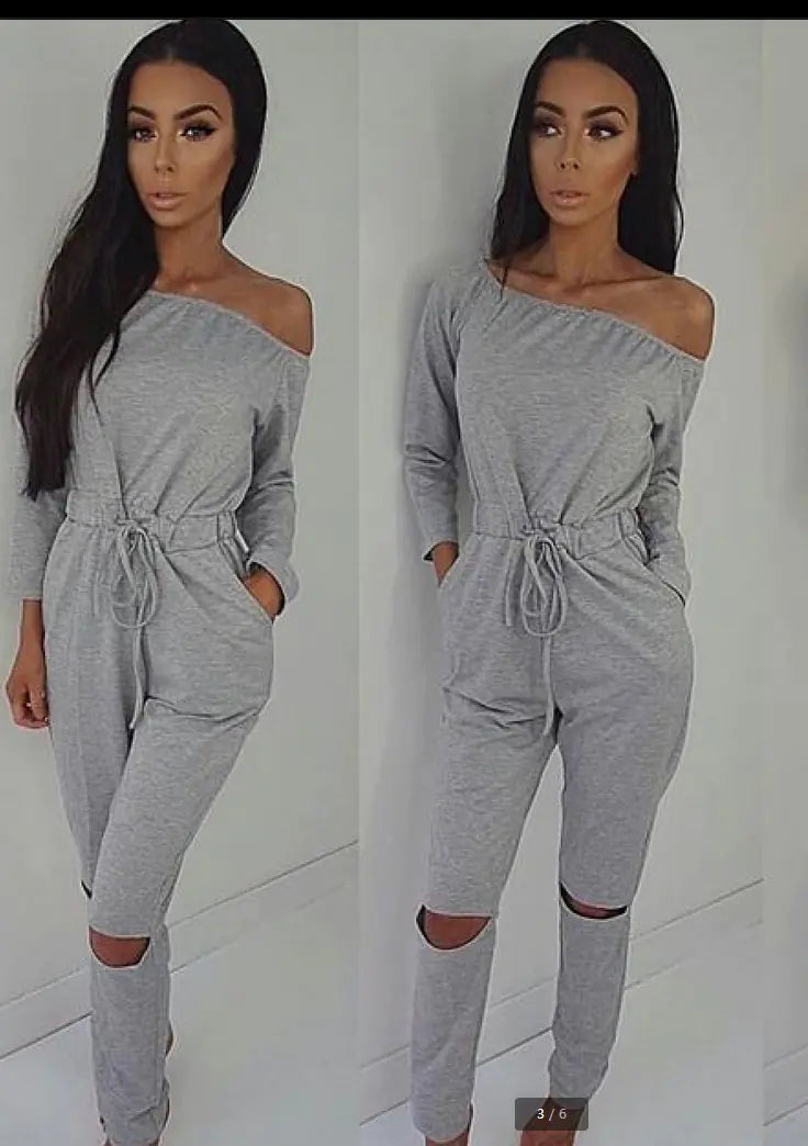 Women's Off Shoulder Ripped Jumpsuit