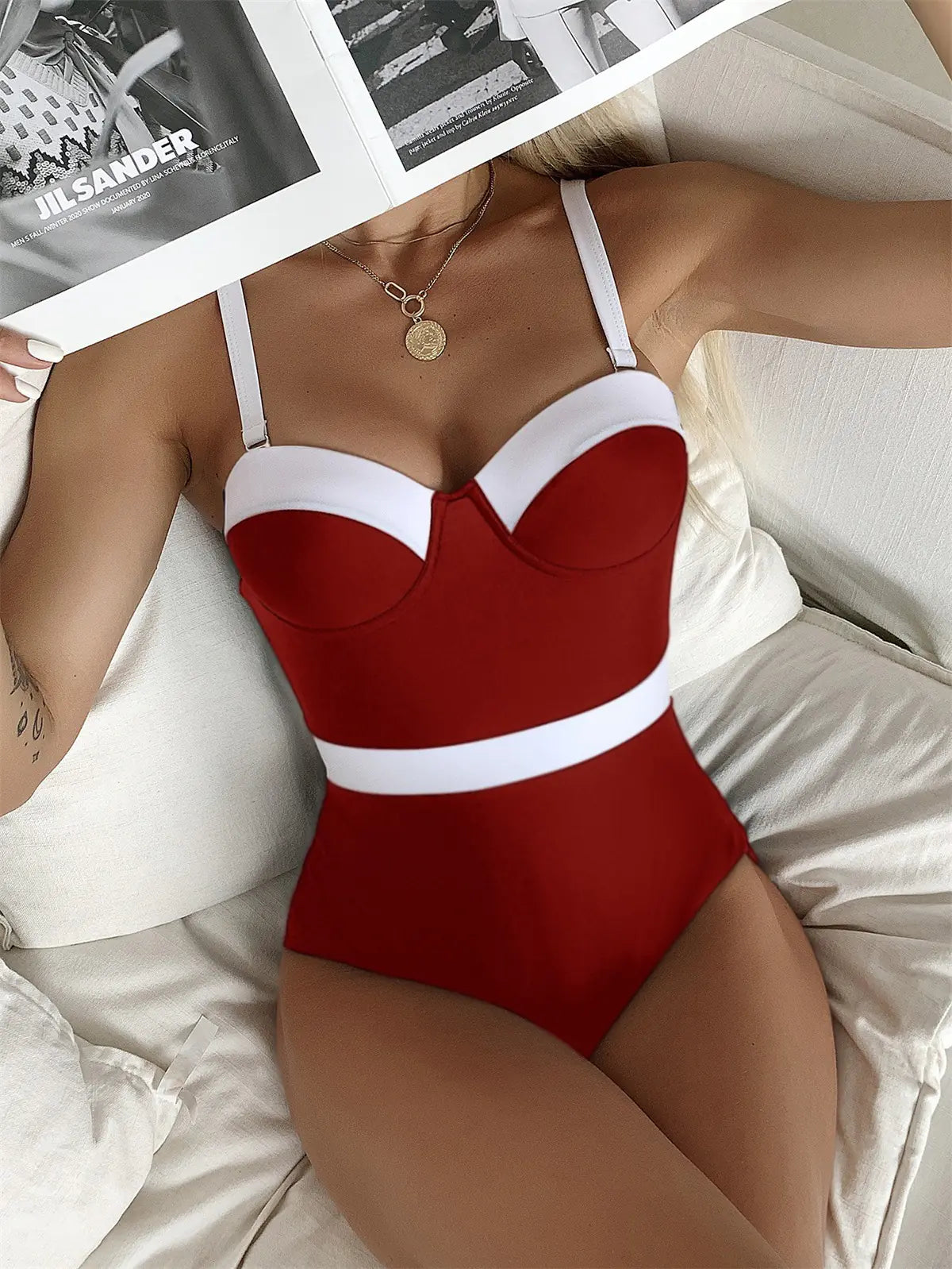 Women's Contrast Color Push Up Fashion One Piece Bikini