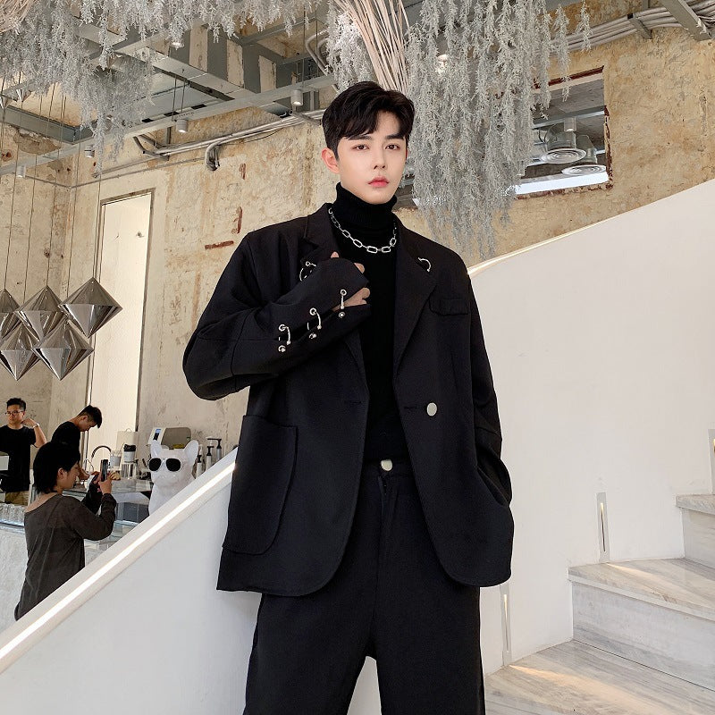 Men's Black Iron Ring Decor Stylish Suit Jacket and Loose Blazer