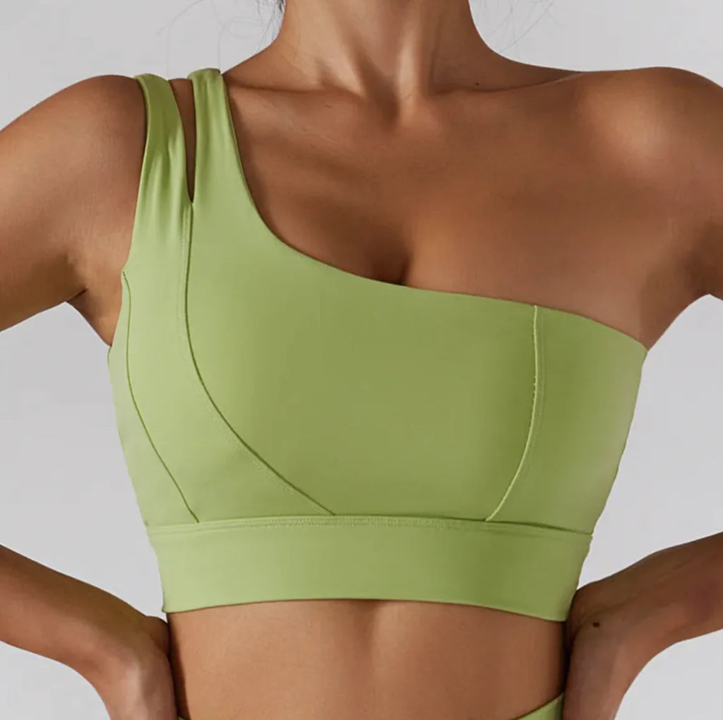Women's Ribbed One Shoulder Stretch Yoga Bra & Shockproof Activewear Set