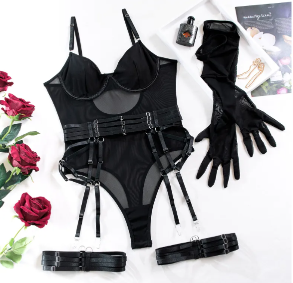 Women's Mesh Stitching Body Shaping Jumpsuit with Strap and Gloves for Women