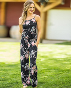 Women's Floral Jumpsuit, Loose Fit Long Pants, Strap Jumpsuit