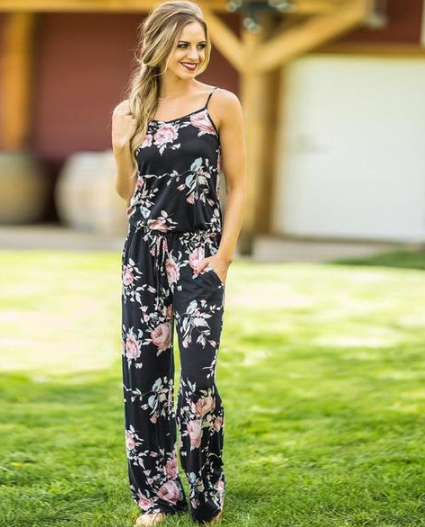 Women's Floral Jumpsuit, Loose Fit Long Pants, Strap Jumpsuit