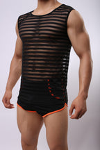Men's Breathable Mesh Undershirts Striped Tank Tops