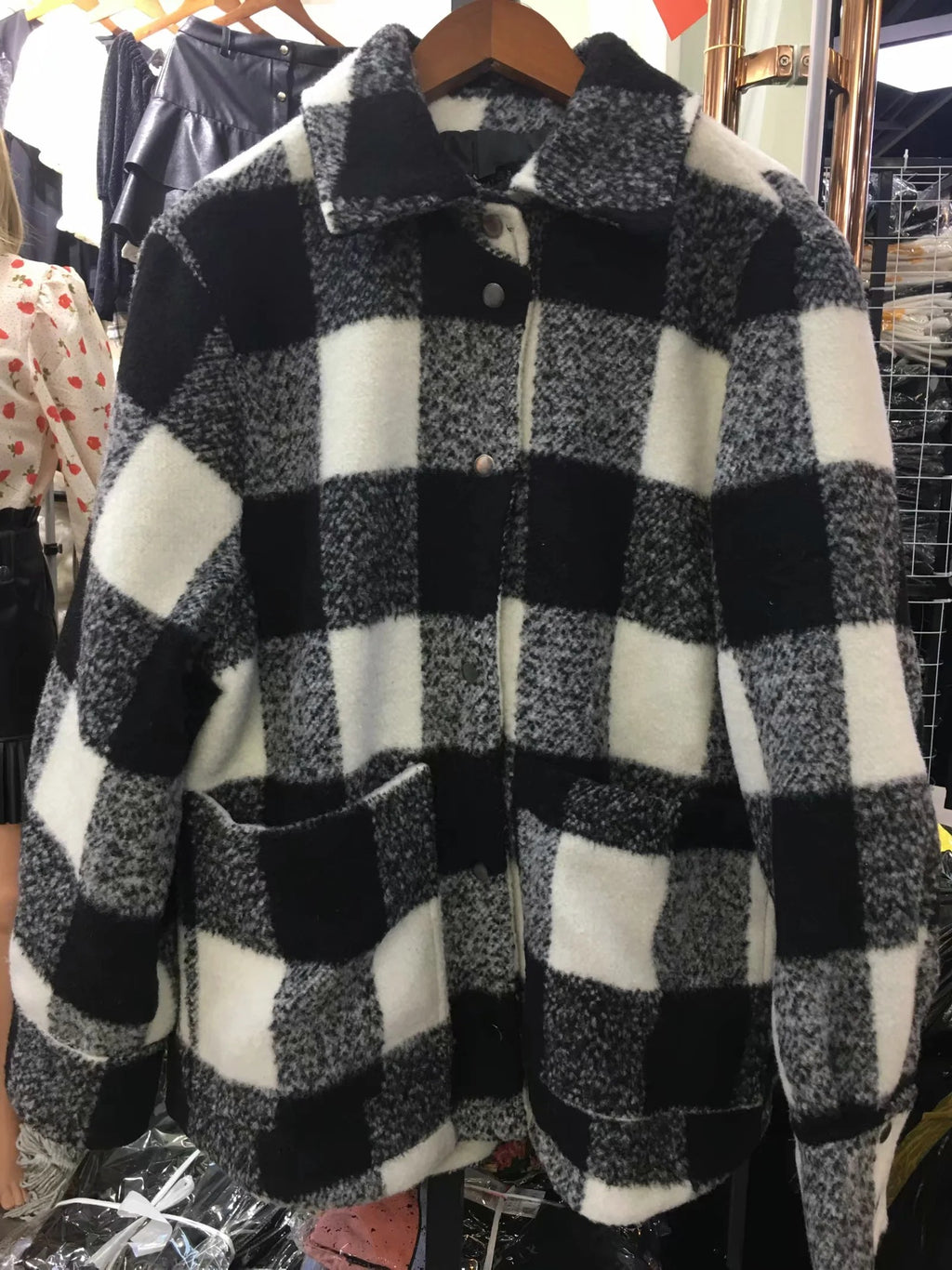 Women's Black & White Plaid Shirt Jacket