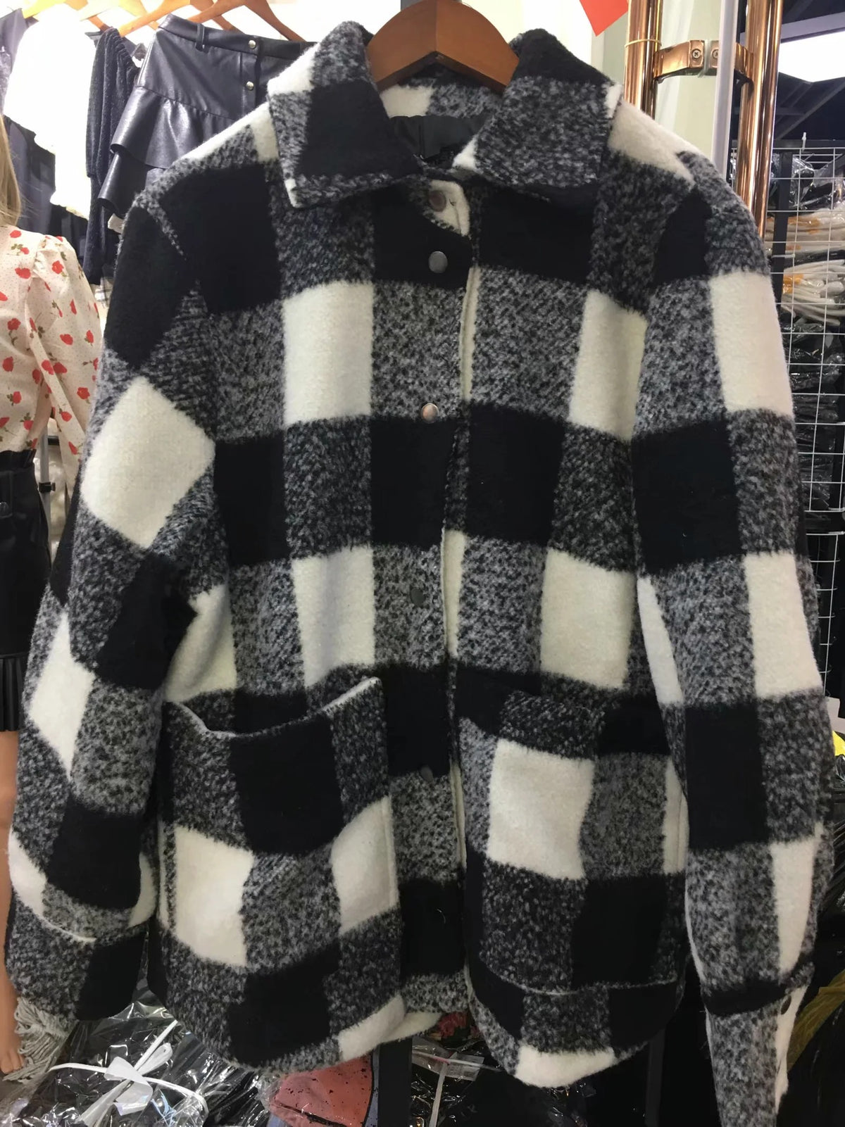 Women's Black & White Plaid Shirt Jacket