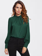 Women's Pleated Stand Collar Chiffon Shirt Women's Tops & T-shirt Unbranded Green XS