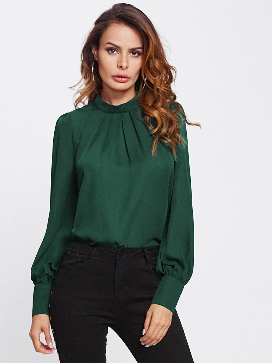 Women's Pleated Stand Collar Chiffon Shirt Women's Tops & T-shirt Unbranded Green XS