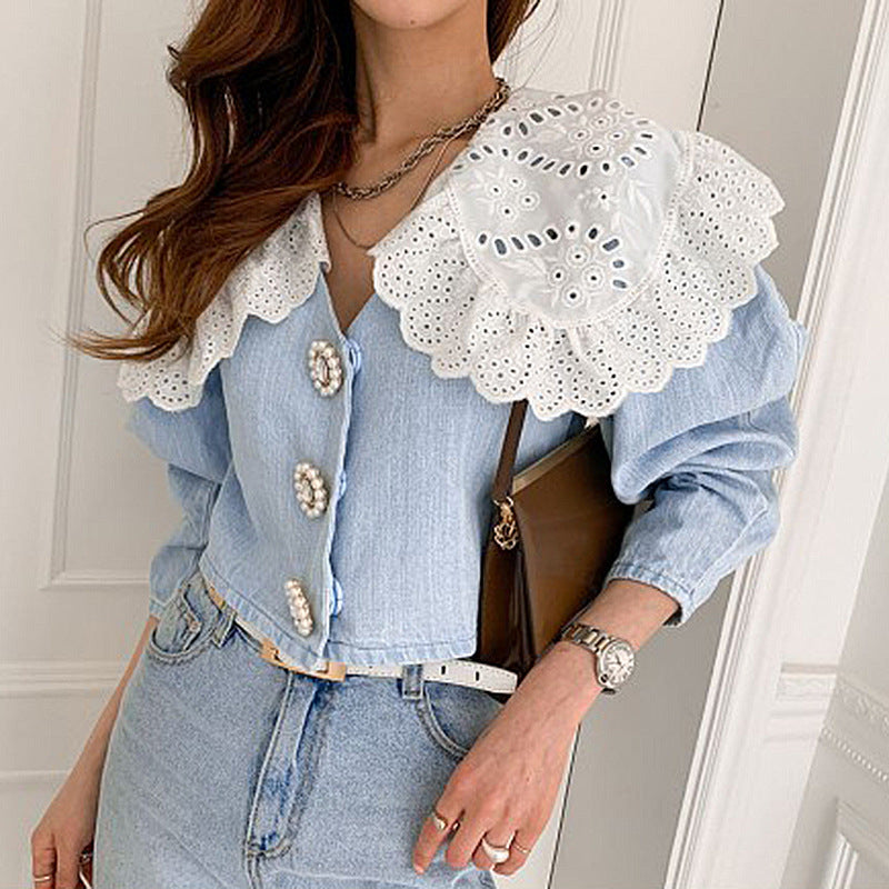 Women's High Waist Short Sleeve Denim Shirt