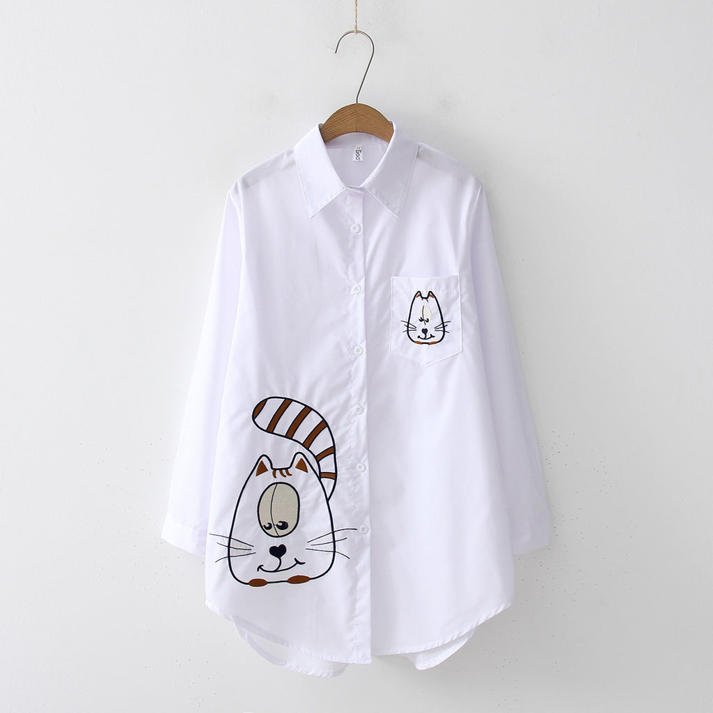 Women's Harajuku Embroidered White Shirt Long Sleeve