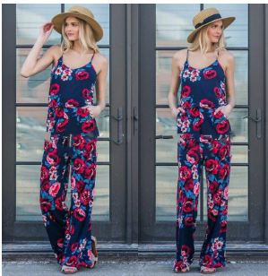 Women's Floral Jumpsuit, Loose Fit Long Pants, Strap Jumpsuit