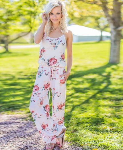 Women's Floral Jumpsuit, Loose Fit Long Pants, Strap Jumpsuit