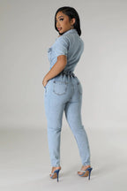 Women's Elegant Blue Denim Stretch Jumpsuit
