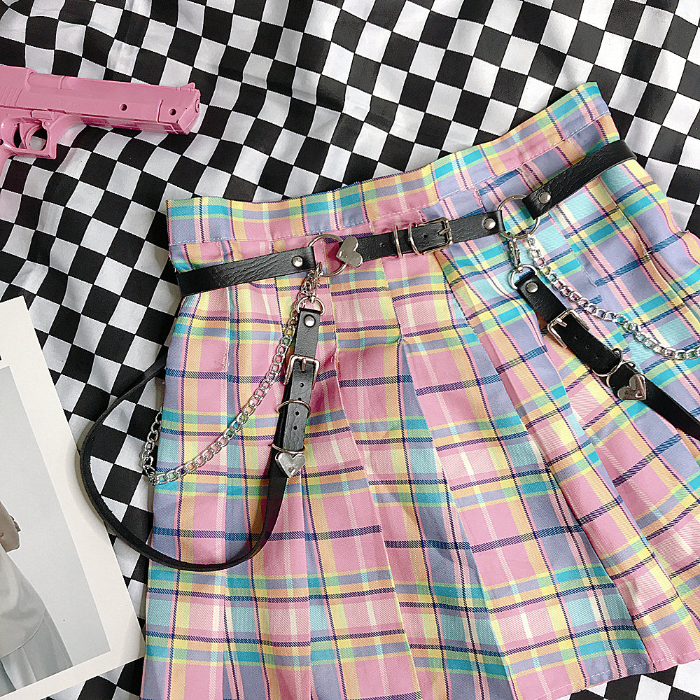Women's Gradient Pink Checkered Pleated Mini Skirt