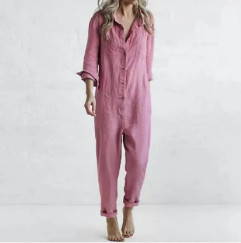Womens Casual Long Sleeve Button Jumpsuit