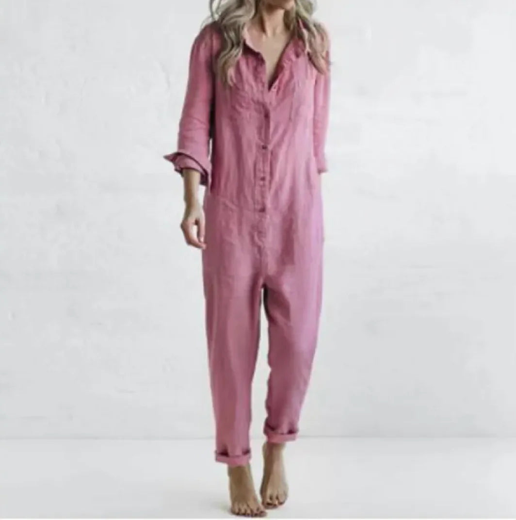 Womens Casual Long Sleeve Button Jumpsuit