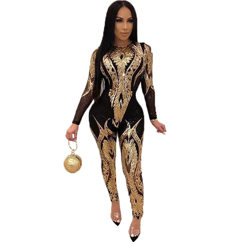 Women's Sequin Long Sleeve Sheer Jumpsuit