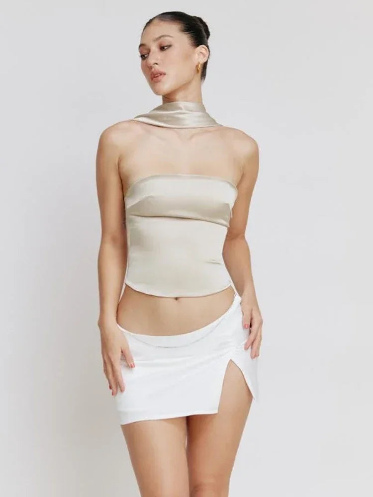 Women's Halter Backless Satin Crop Tops ILLUSION CO Apricot Large